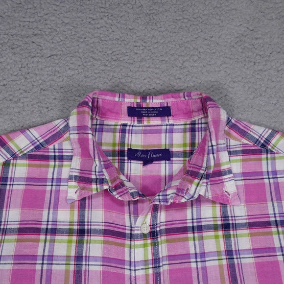 Alan Flusser Shirt Men's Large Linen Cotton Button Up Pink Pocket Long Sleeve - Picture 6 of 15